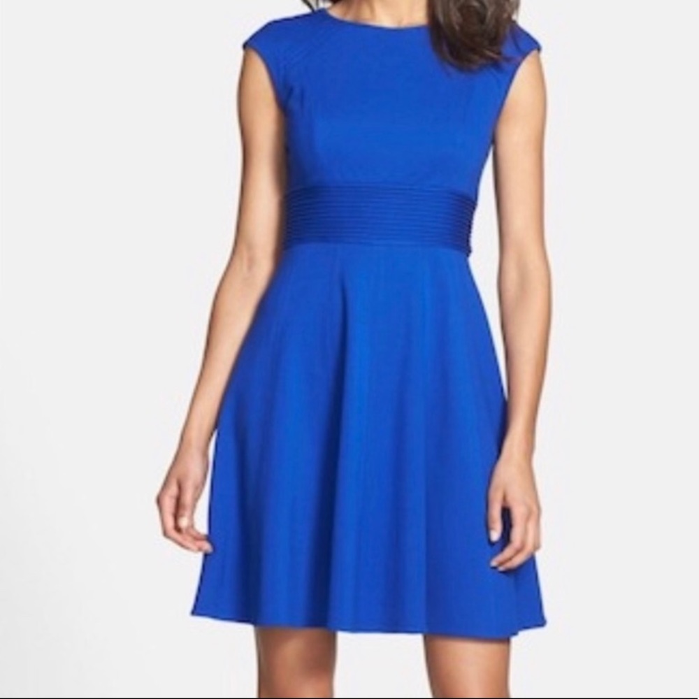 Eliza J Pintucked Waist Fit & Flare Blue Dress